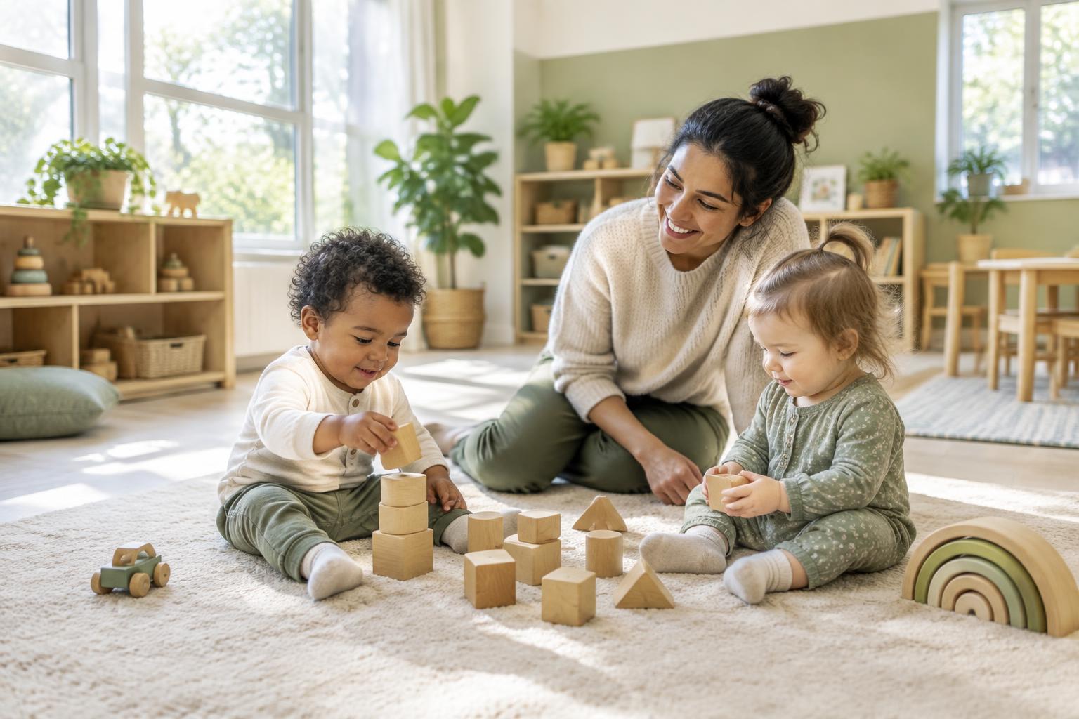 A teacher sitting on the rug with two young children building with wooden blocks in a bright classroom at Little Explorers