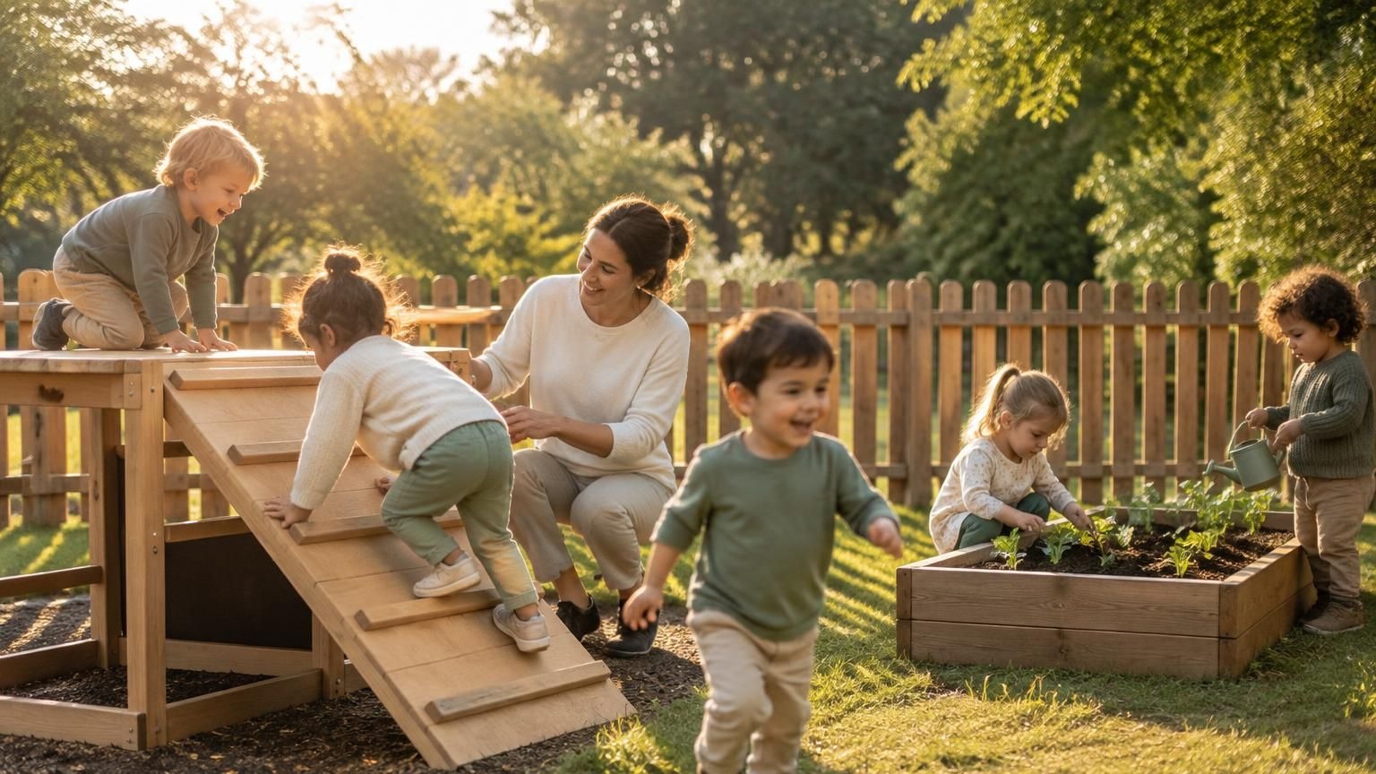 Children running, climbing and tending the garden bed in the outdoor play yard